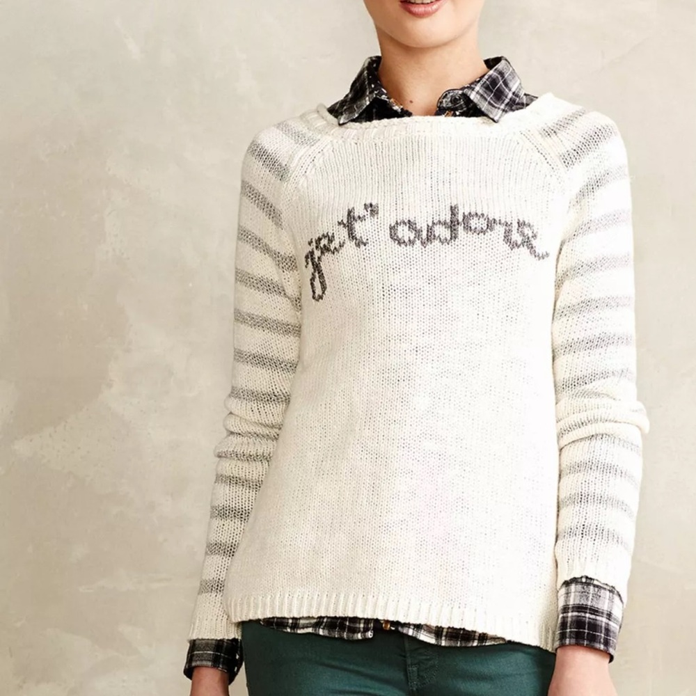 Anthropologie Cream & Silver Crew Neck Sweater French “Je t'adore” Paris Love